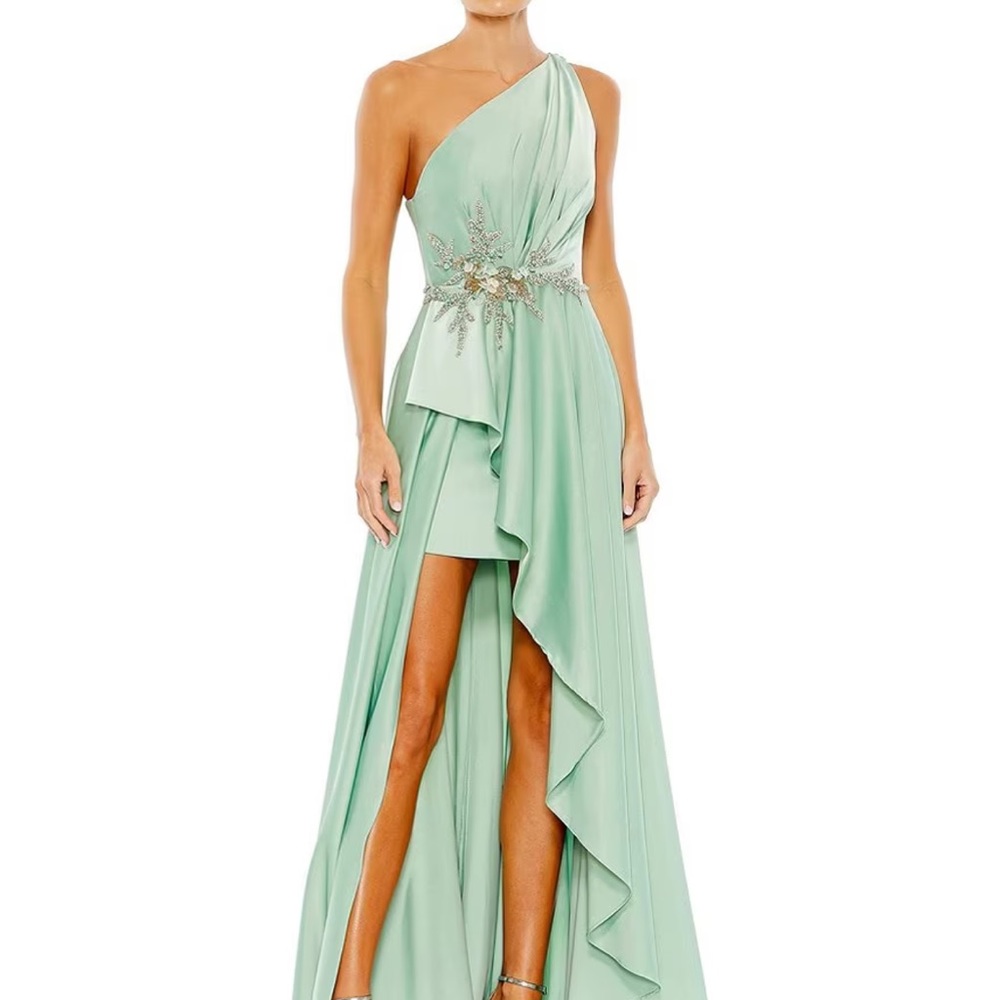 Embellished Sleeveless One Shoulder Pleated Ruched Cascade Ruffle Asymmetrical